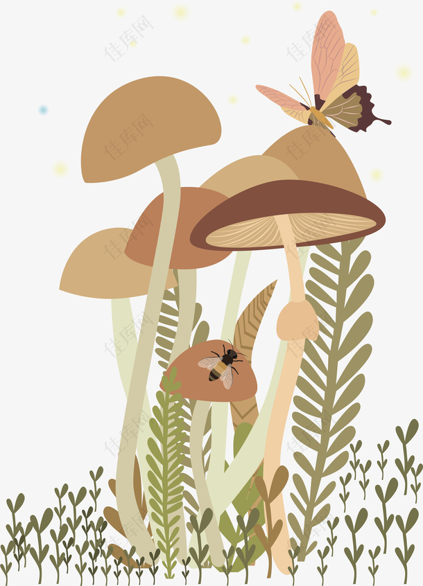 手绘蘑菇蝴蝶蜜蜂插画设计