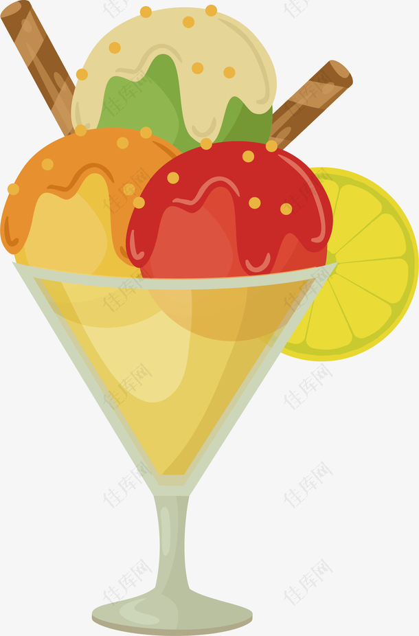 美味的水果冰淇淋杯手绘素材