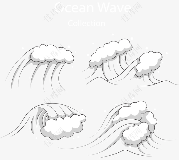 4款手绘动感海浪矢量素材