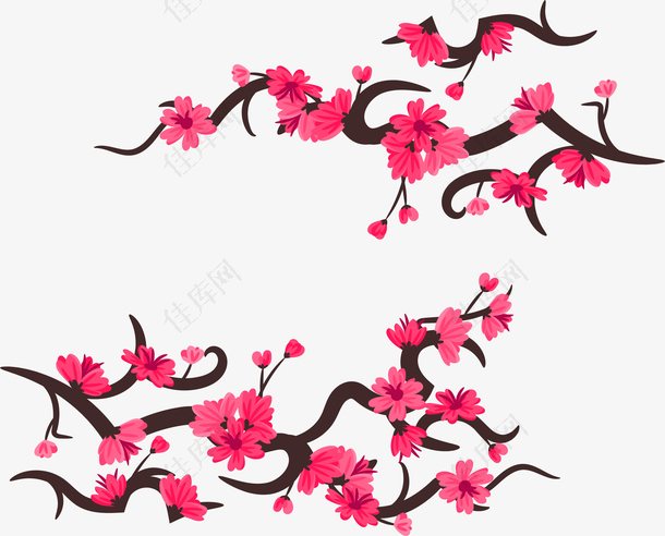手绘桃花树枝漂浮装饰图案