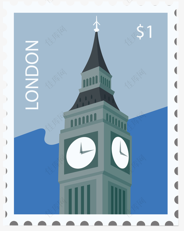 矢量图伦敦大本钟图案的邮票