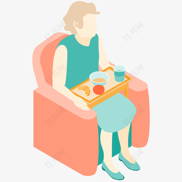 老奶奶坐沙发吃东西插画