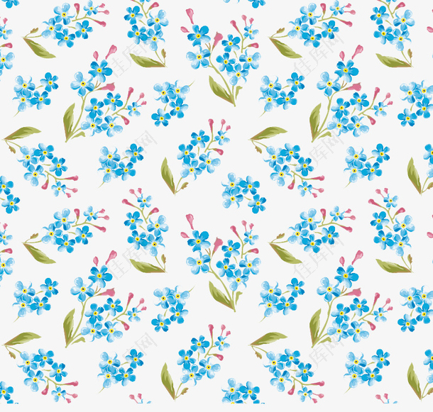 蓝色水彩花卉无缝背景素材