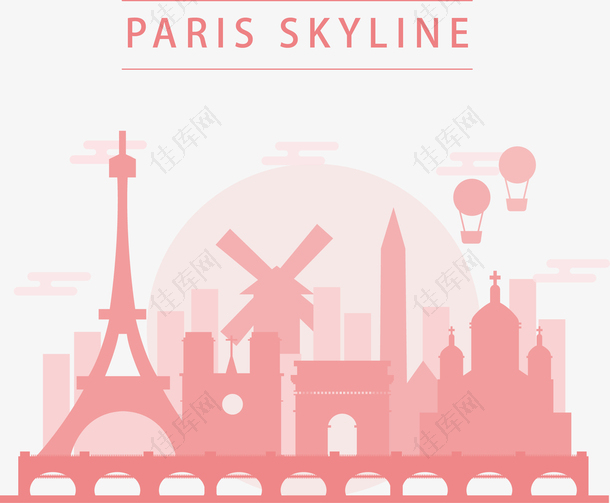 矢量巴黎创意建筑剪影旅游海报素