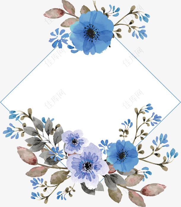 蓝色水彩花朵边框
