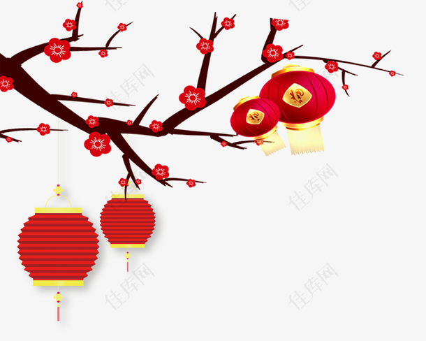 春节红梅灯笼卡通手绘psd分层图