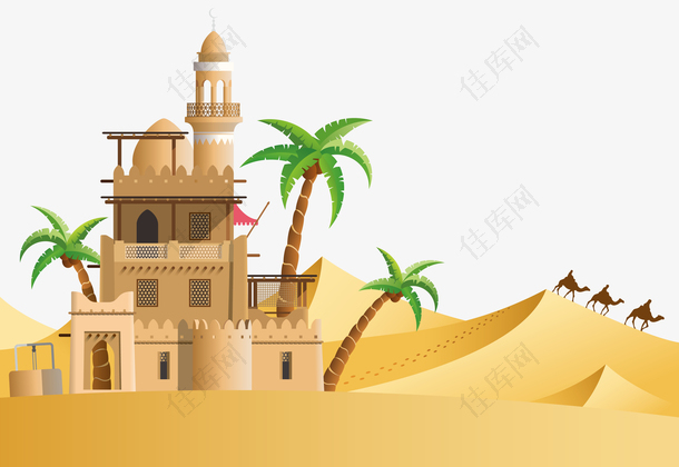 沙漠里面的城堡和椰子树