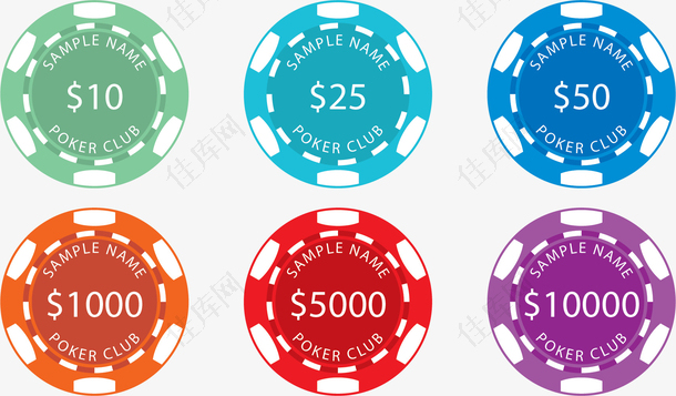 六种不同金额的赌场筹码