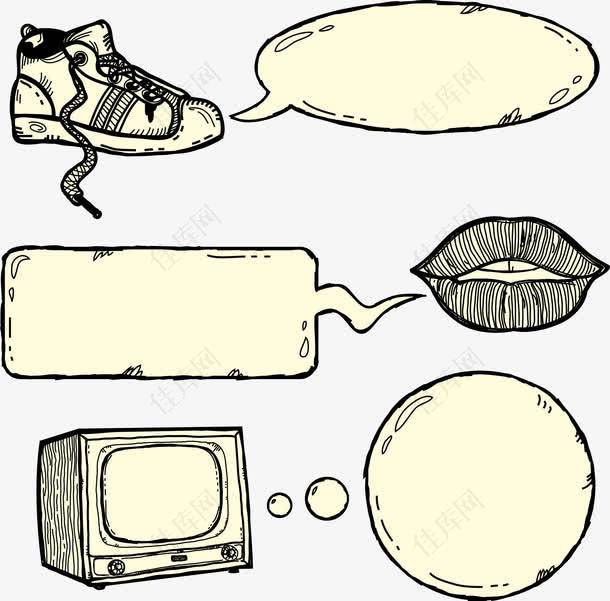 素描鞋子嘴唇电视机和对话框