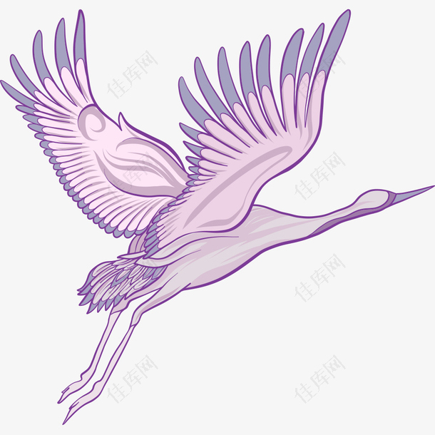 矢量手绘紫色仙鹤展翅飞行插画