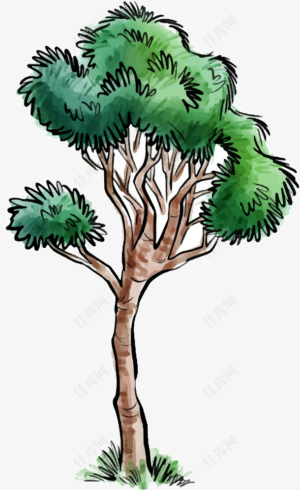 清新绿色手绘水彩树设计元素