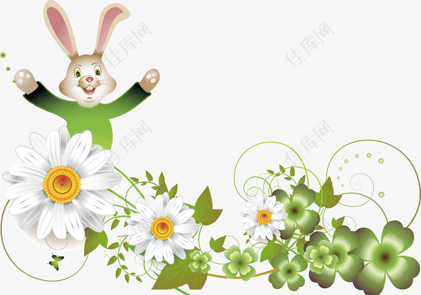卡通花丛中的复活节兔子