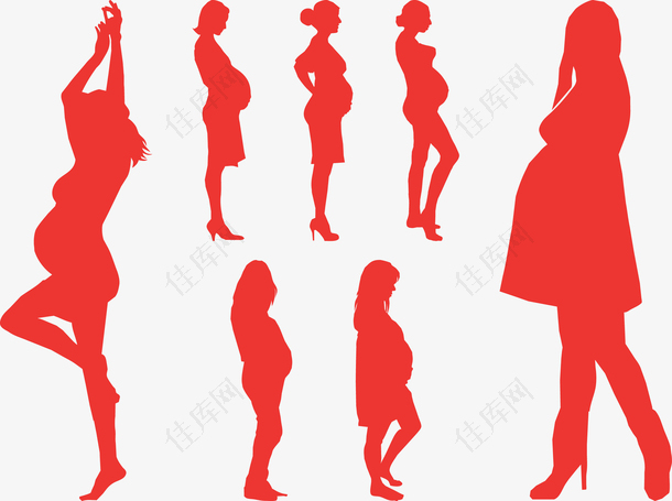 7个孕妇剪影红色矢量图