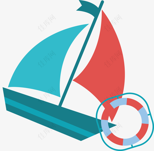 彩色帆船救生圈航海海运素材