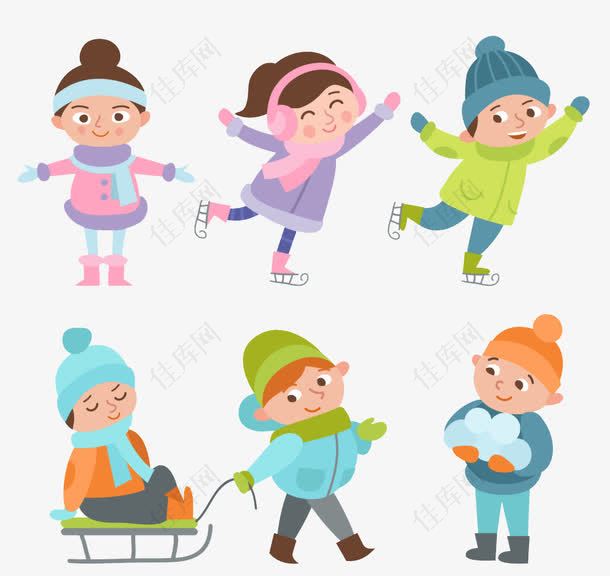 卡通男女小孩冬季滑雪素材