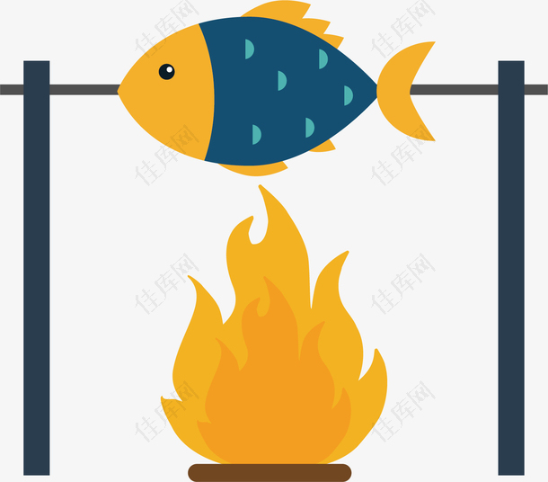矢量图带篝火的烤鱼