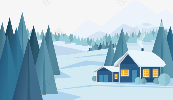 冬天山林中的小房子
