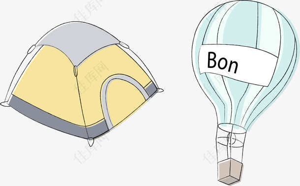降落伞帐篷矢量手绘卡通旅游元素
