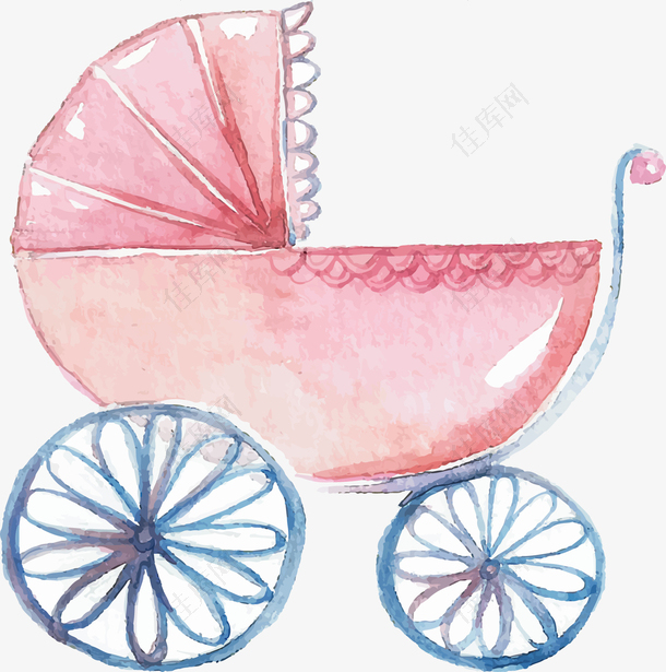 粉色水彩手推婴儿车