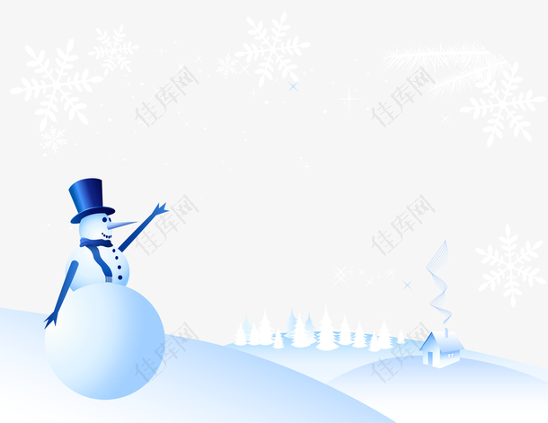 雪坡上向房子招手的雪人