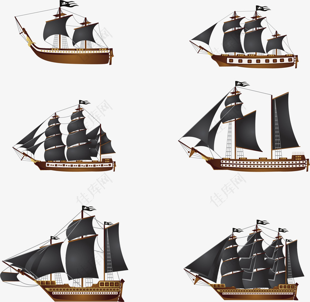 6款形态各异的老式帆船矢量素材