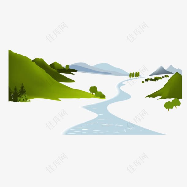 矢量山川河流绿色山峰树木小河