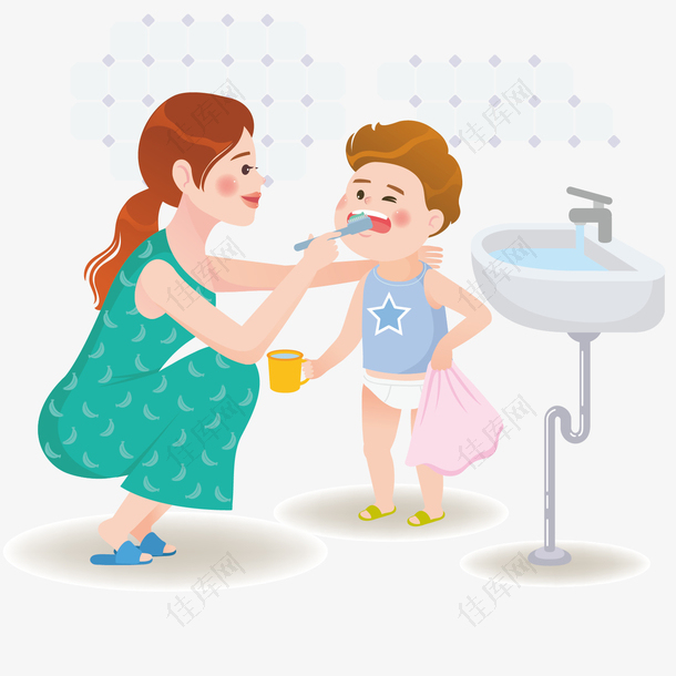 帮孩子刷牙的亲子插画