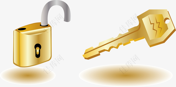 精美金色的锁头和钥匙图标矢量图