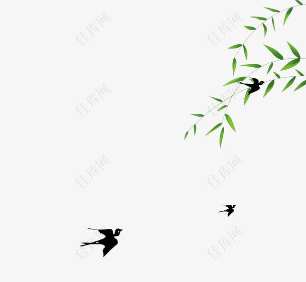 免抠春季绿色的柳叶飞翔的燕子
