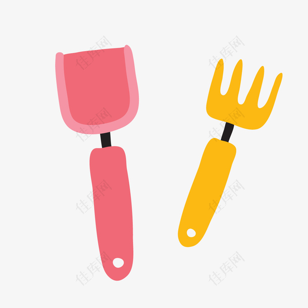 粉红色铲黄色叉子卡通园艺素材合