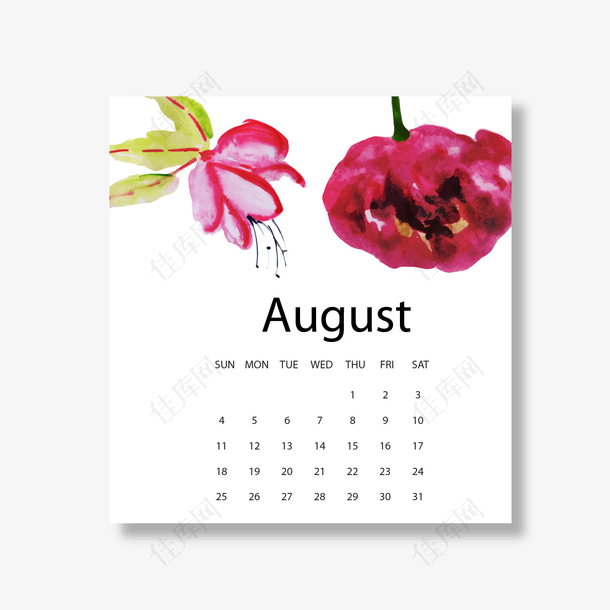 红白色2019年8月花朵日历