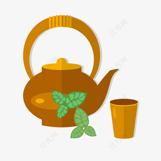 矢量茶壶茶杯绿叶
