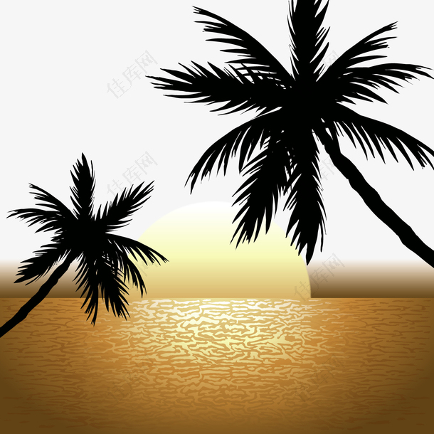 海边黄昏中的椰子树风景矢量图