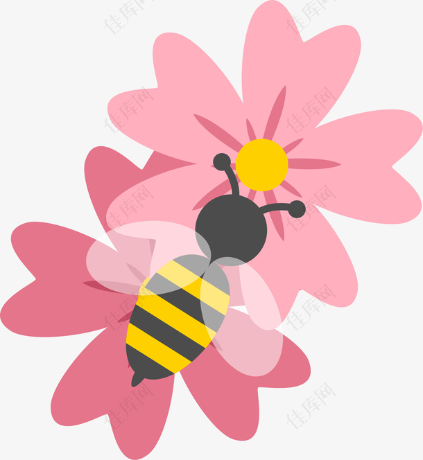 简约粉色花朵蜜蜂图案