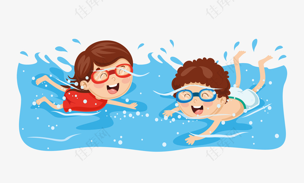 学习游泳的两个小朋友