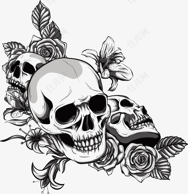 矢量手绘骷髅和花朵