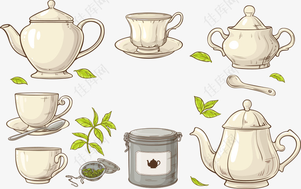 矢量白色茶杯和绿色茶叶