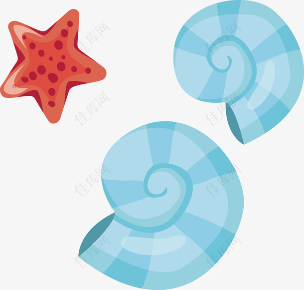 手绘蓝色海螺与海星