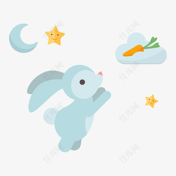 卡通蓝色兔子追逐着萝卜