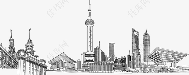 卡通手绘上海城市线稿