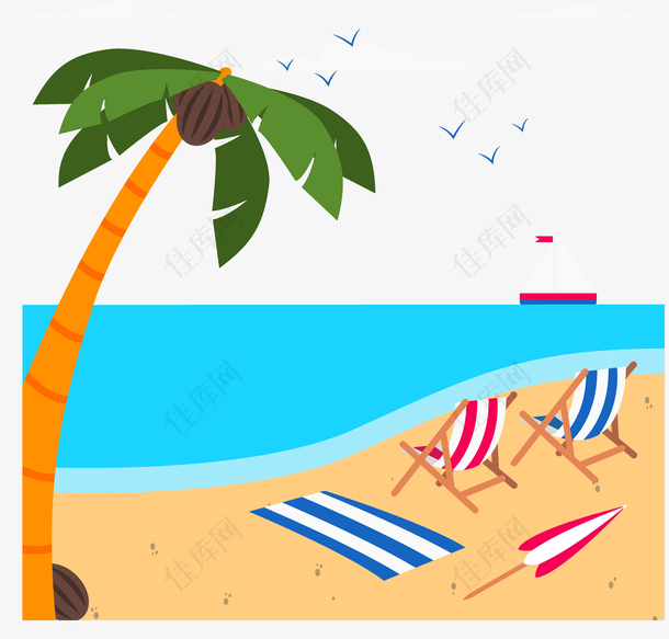 夏天阳光海滩休闲躺椅椰树素