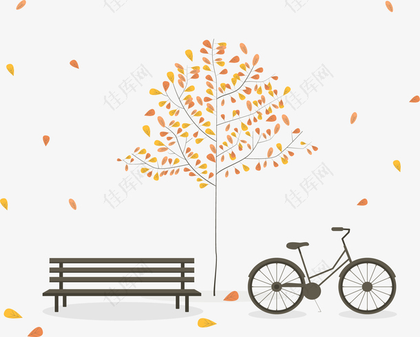 秋天落叶单车长凳