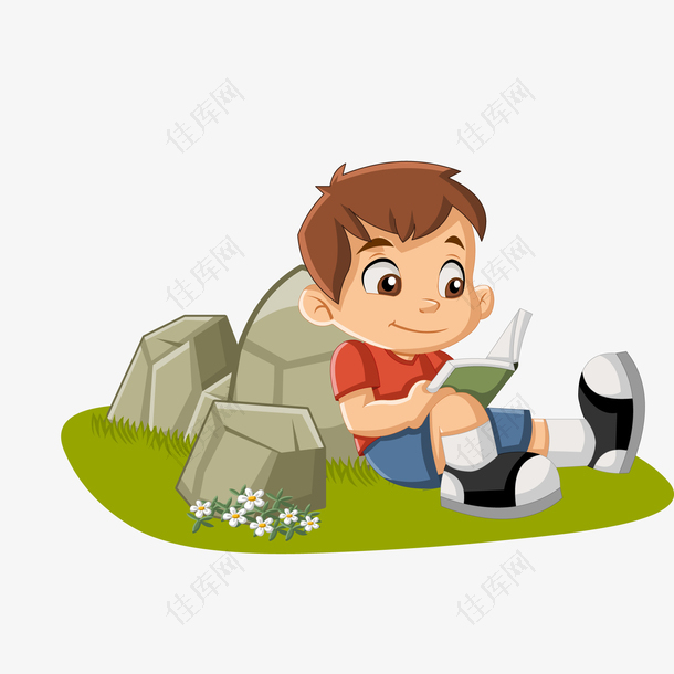 卡通靠在石头上看书的男孩