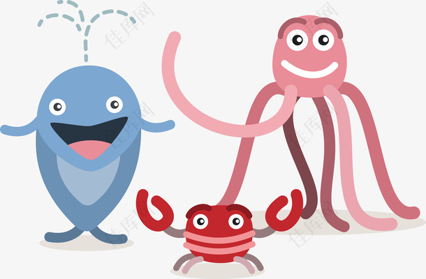 鲸鱼章鱼螃蟹卡通透明插画栏花