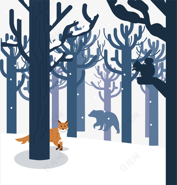 冬天下雪的森林动物