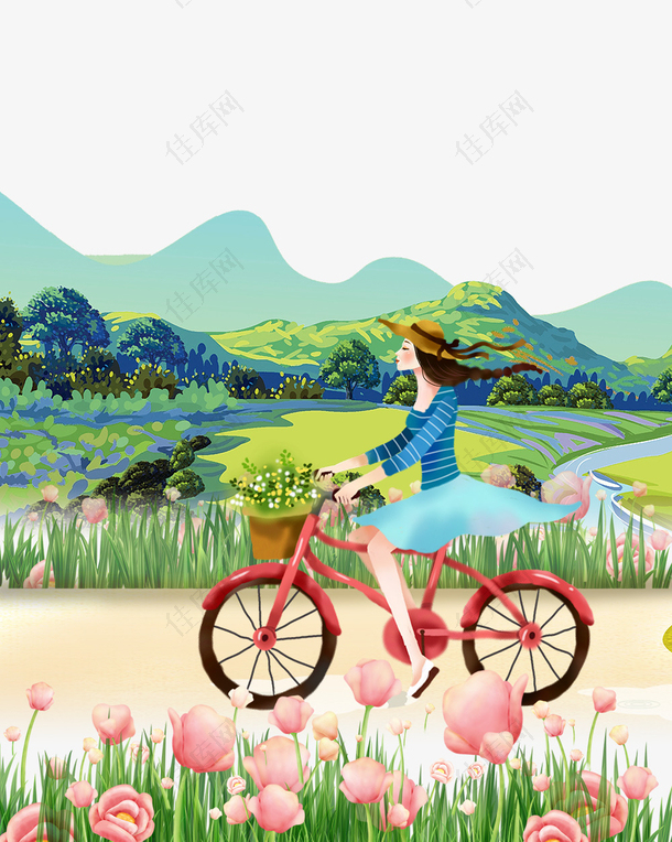 免抠卡通手绘春季骑车看风景的女