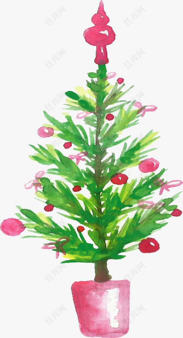 手绘粉色盆栽圣诞树