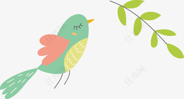 绿色树叶小鸟动物矢量图