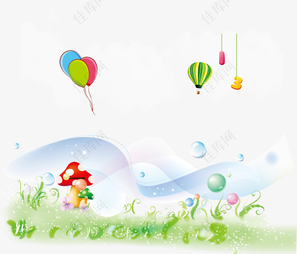 创意气球云绿草蘑菇泡泡装饰背景