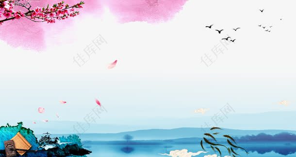 中国风海报背景版式花瓣山水鸟书